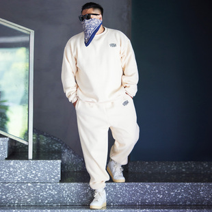 核爆炸大码男装冬季保暖刺绣加绒卫衣卫裤美式休闲嘻哈运动套装男