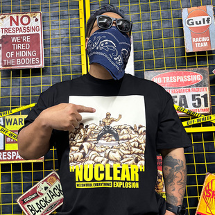 核爆炸夏季功夫李小龙像素印花250克黑色纯棉宽松大码男女短袖T恤