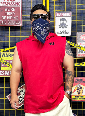 核爆炸刺客夏季纯棉潮流大兜帽红色灰色街舞运动休闲背心无袖帽衫