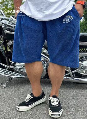 NE核爆炸大码潮牌夏季轻薄透气克莱因蓝鱼鳞纹网眼休闲六分短裤男