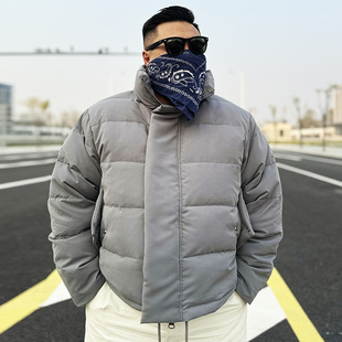 核爆炸冬季 休闲可脱卸帽子灰色压花保暖90绒羽绒服男 街头潮流时尚