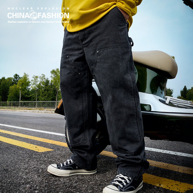 NE核爆炸大码男装工装裤牛仔裤烟灰色休闲百搭矿工伐木长裤男女款