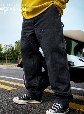 NE核爆炸大码男装工装裤牛仔裤烟灰色休闲百搭矿工伐木长裤男女款