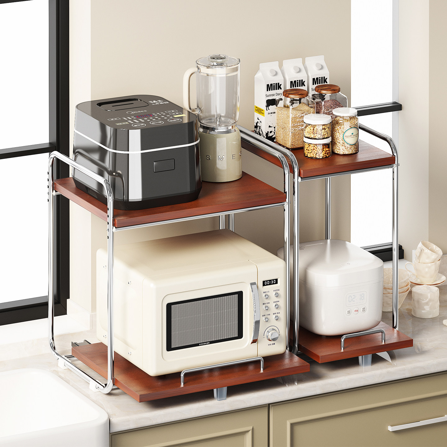 厨房多功能分层置物架台面拐角抽拉电饭煲微波炉一体收纳柜调料架,厨房/烹饪用具,微波炉置物架,淘宝优惠券,粉丝福利购,淘宝优惠卷