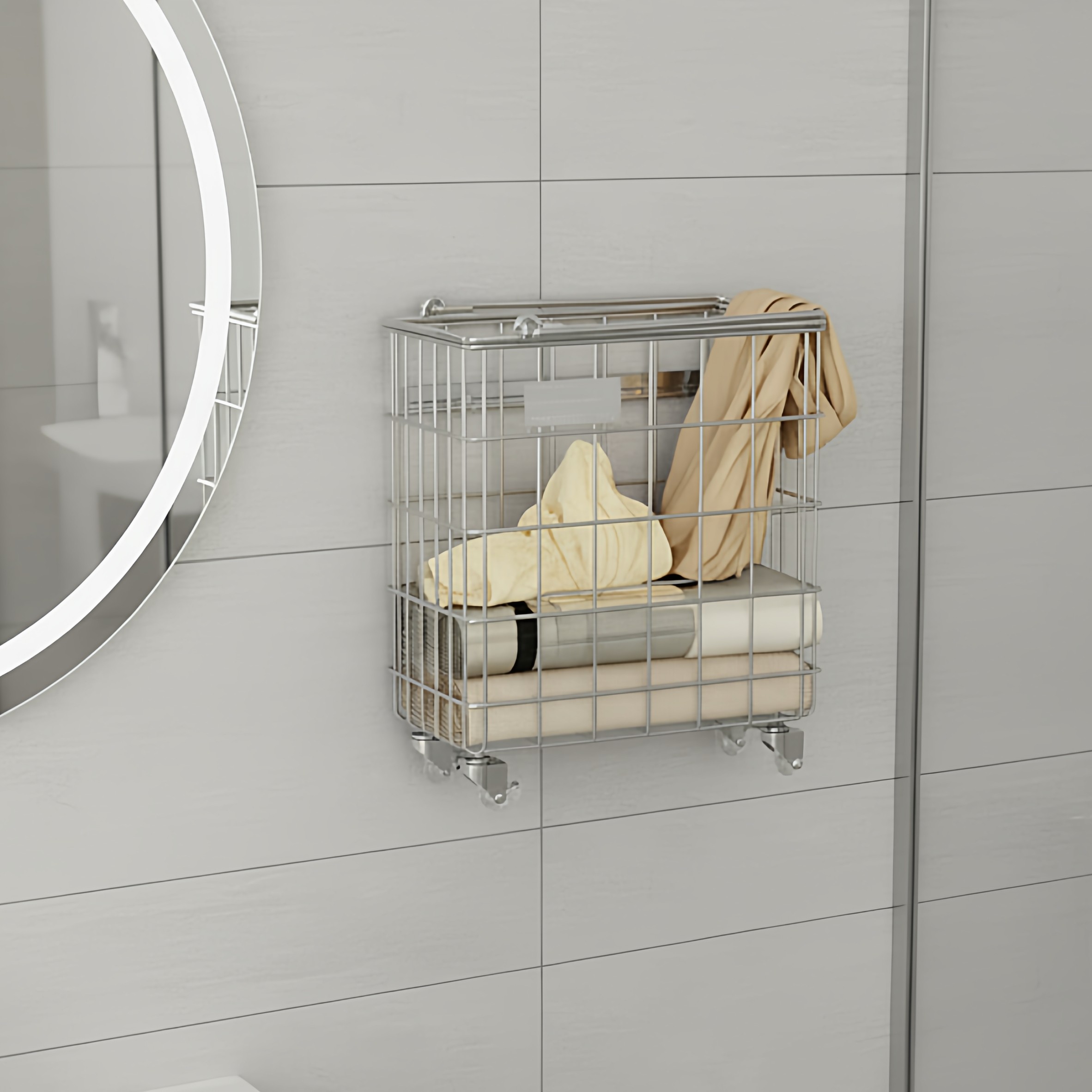 不锈钢壁挂式脏衣篮免打孔家用脏衣服收纳筐浴室落地脏衣篓小推车,收纳整理,挂篮,淘宝优惠券,粉丝福利购,淘宝优惠卷
