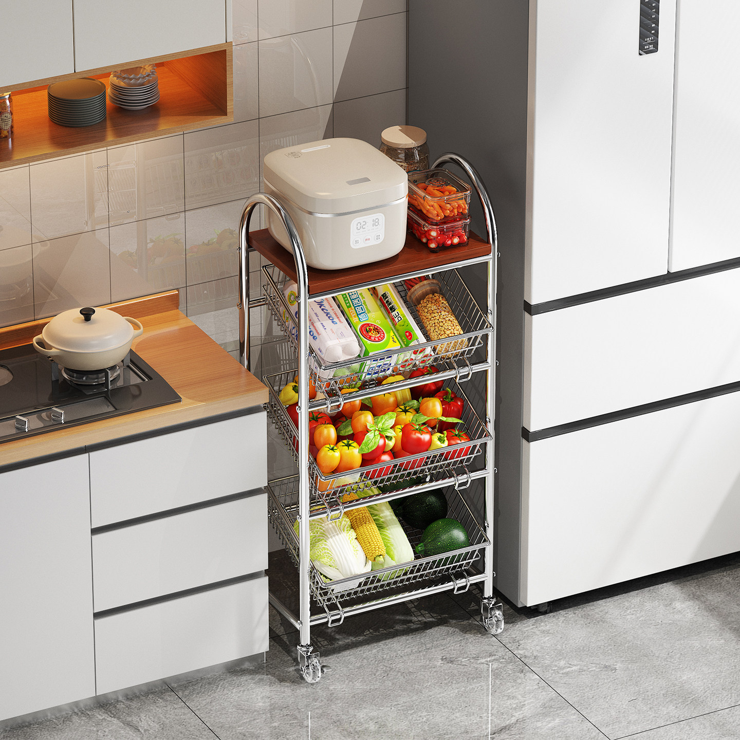 厨房夹缝置物架水果蔬菜收纳篮落多功能缝隙收纳柜电饭煲置物支架,收纳整理,缝隙柜,淘宝优惠券,粉丝福利购,淘宝优惠卷