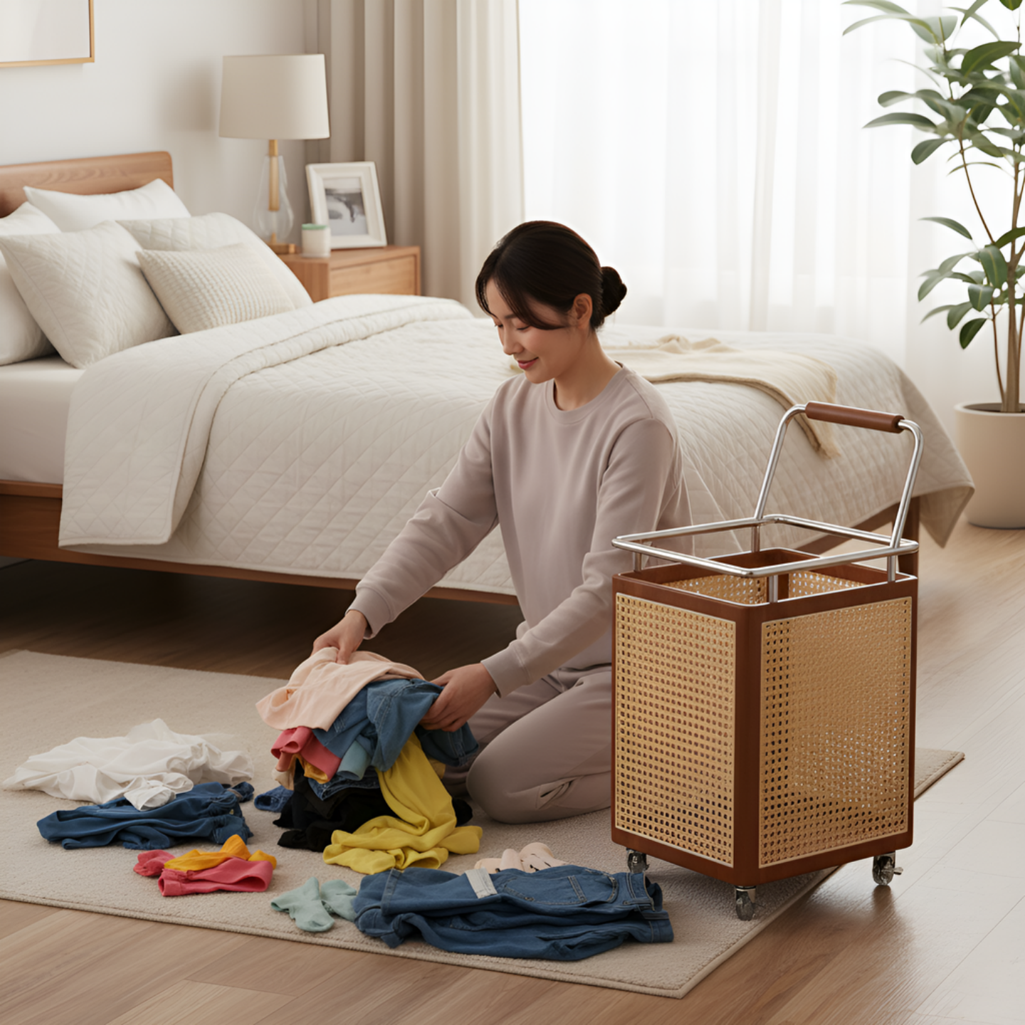 中古风藤编收纳筐可移动杂物储物篮家用衣服整理置物架脏衣篓带轮,收纳整理,收纳筐,淘宝优惠券,粉丝福利购,淘宝优惠卷