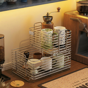 不锈钢置物架桌面杯架双层杯子收纳架家用客厅餐边柜零食收纳篮子