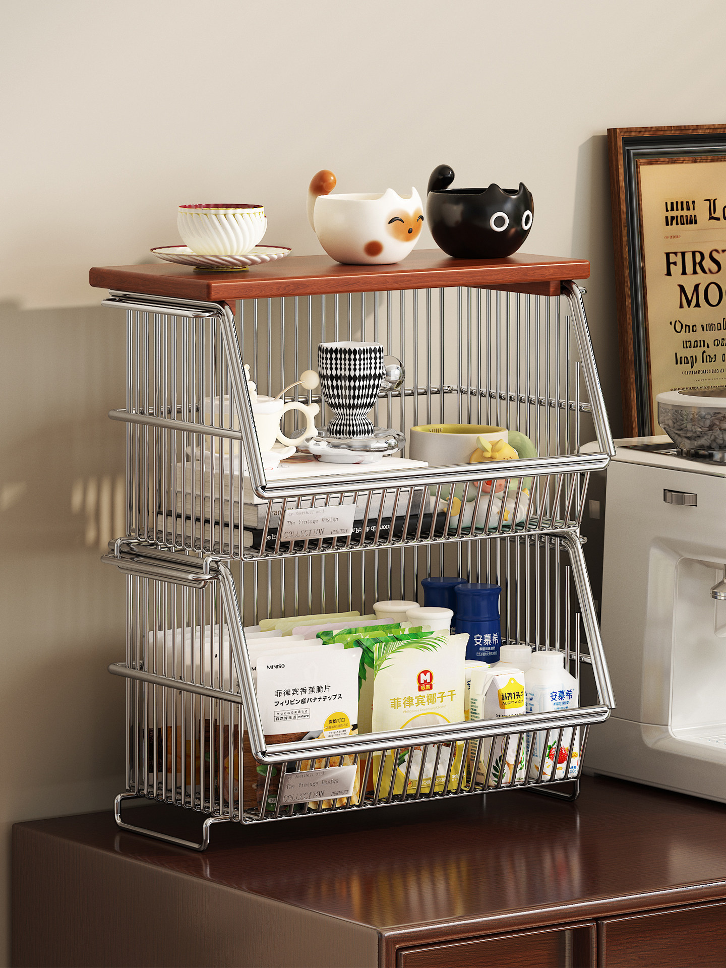 高级感零食詈物架客厅餐边柜桌面水果饮料收纳盒吧台多层中古杯架,收纳整理,桌面收纳盒,淘宝优惠券,粉丝福利购,淘宝优惠卷