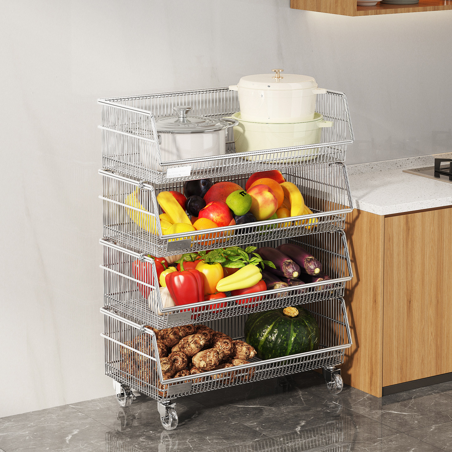 304不锈钢厨房蔬菜置物架落地带轮菜架子多层大容量水果收纳架子