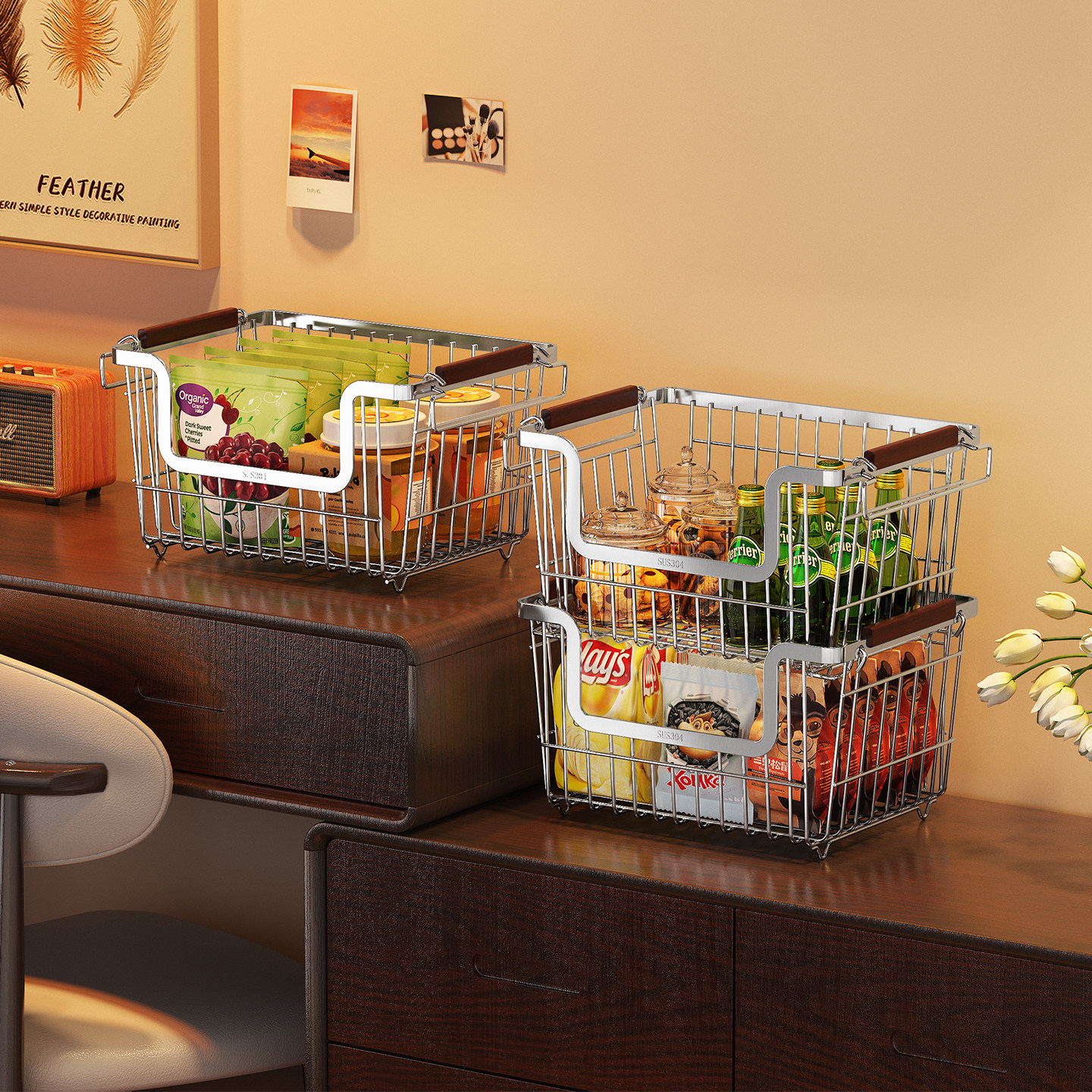 不锈钢家用装零食的小篮子台面饮料收纳筐多层可叠加置物架收纳盒,收纳整理,零食收纳筐,淘宝优惠券,粉丝福利购,淘宝优惠卷