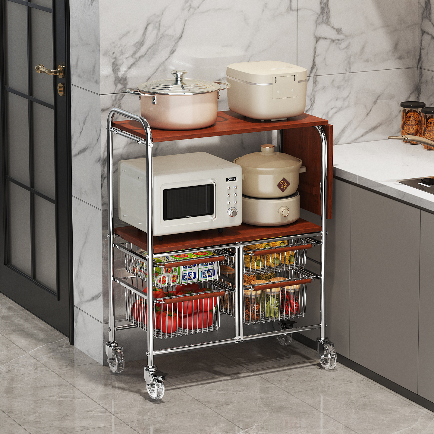 厨房小推车置物架金属家用果蔬篮子多功能微波炉落地收纳移动餐车