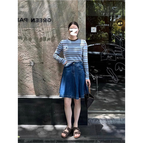 HUAX 当天发 复古气质长袖撞色条纹上衣女早秋宽松牛仔短裙两件套