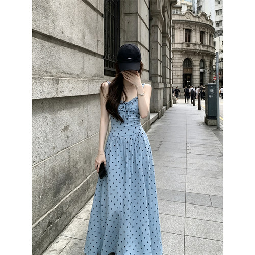 HUAX  蓝色波点印花荷叶边吊带连衣裙女夏季系带收腰显瘦无袖长裙
