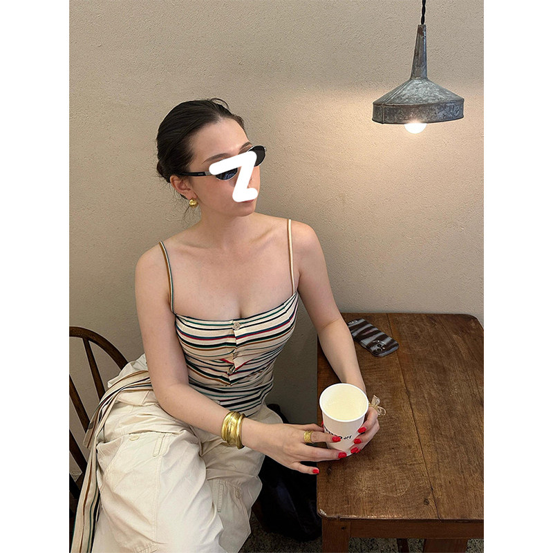 HUAX 辣妹风彩虹条纹绑带吊带背心女夏季设计感修身显瘦外穿上衣