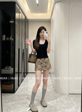 HUAX 美式复古格纹双排扣裙裤女夏季设计感高腰显瘦A字防走光短裙