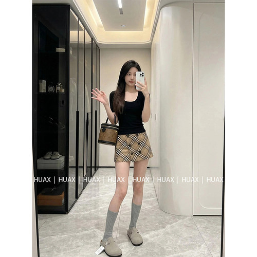 HUAX 美式复古格纹双排扣裙裤女夏季设计感高腰显瘦A字防走光短裙