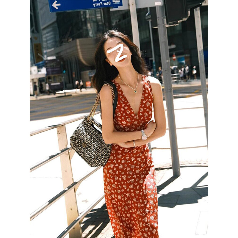 HUAX 当天发 港味chic红色碎花吊带连衣裙女辣妹V领修身度假长裙