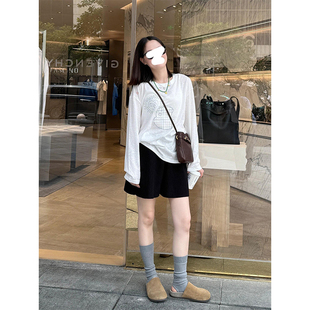 HUAX 韩系chic百搭宽松印花长袖T恤女早秋松弛感百搭防晒衫上衣