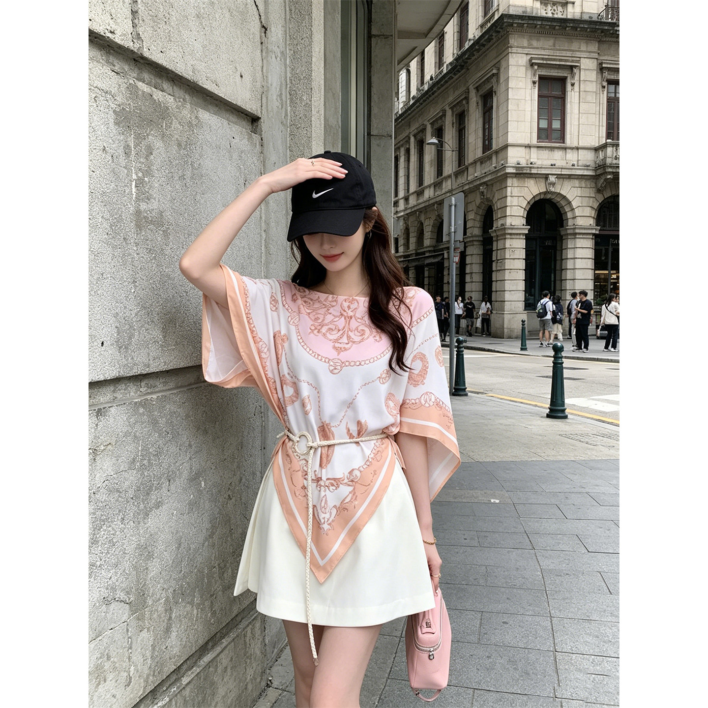 HUAX 法式复古一字领印花衬衫女装夏季设计感宽松蝙蝠袖方巾上衣