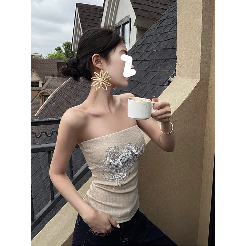 HUAX 美式辣妹重工珠片美背抹胸针织衫夏季女修身显瘦外穿上衣潮