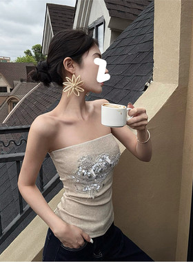 HUAX 美式辣妹重工珠片美背抹胸针织衫夏季女修身显瘦外穿上衣潮