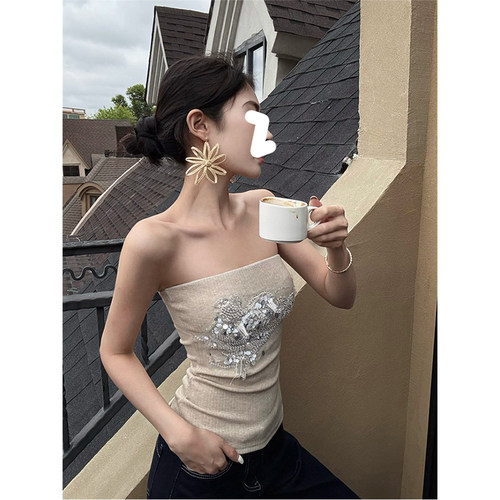 HUAX 美式辣妹重工珠片美背抹胸针织衫夏季女修身显瘦外穿上衣潮