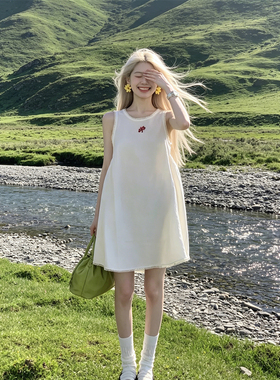 HUAX 设计感白色无袖背心连衣裙女夏季蕾丝花边圆领宽松显瘦短裙