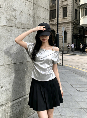 HUAX 高级感灰色缎面褶皱肌理斜肩衬衫女夏季不对称翻领显瘦上衣