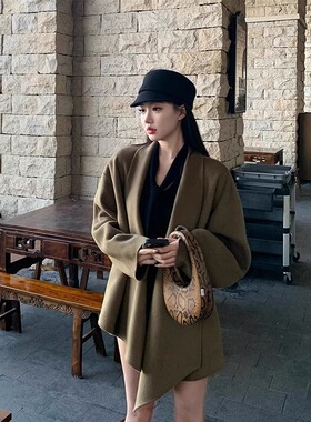 HUAX 当天发 老钱风高级感翻领斗篷外套女秋冬宽松不规则毛呢大衣