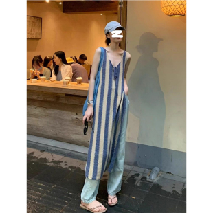 HUAX 当天发 复古竖条纹无袖针织连衣裙女夏季撞色开叉V领长裙子