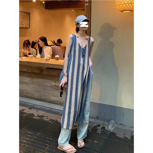 复古竖条纹无袖针织连衣裙女夏季