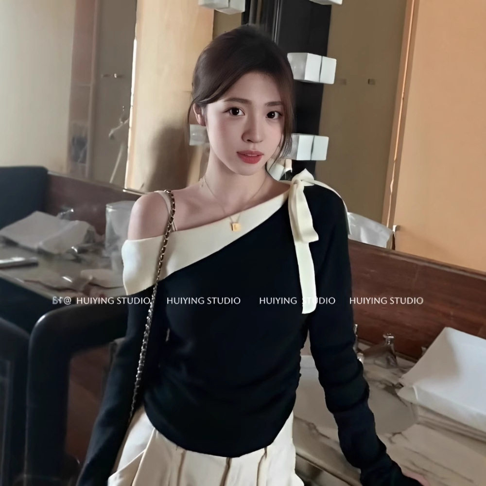 6185#法式绝美黑色斜肩露肩针织上衣女秋季新款内搭打底衫小众