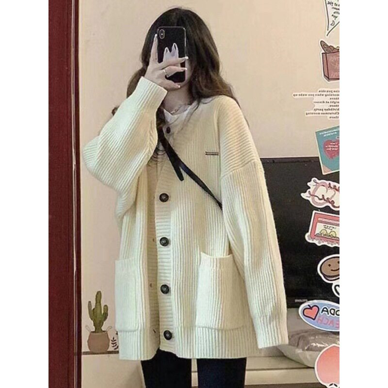 韩版穿搭小香风针织毛衣女秋冬季新款外搭宽松慵懒感领开衫外套潮