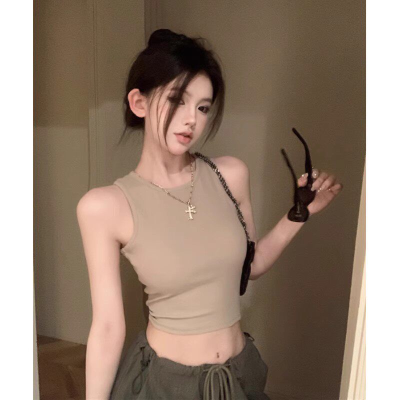 灰色美背工字小吊带背心女带胸垫夏辣妹内搭外穿短款无袖露背上衣