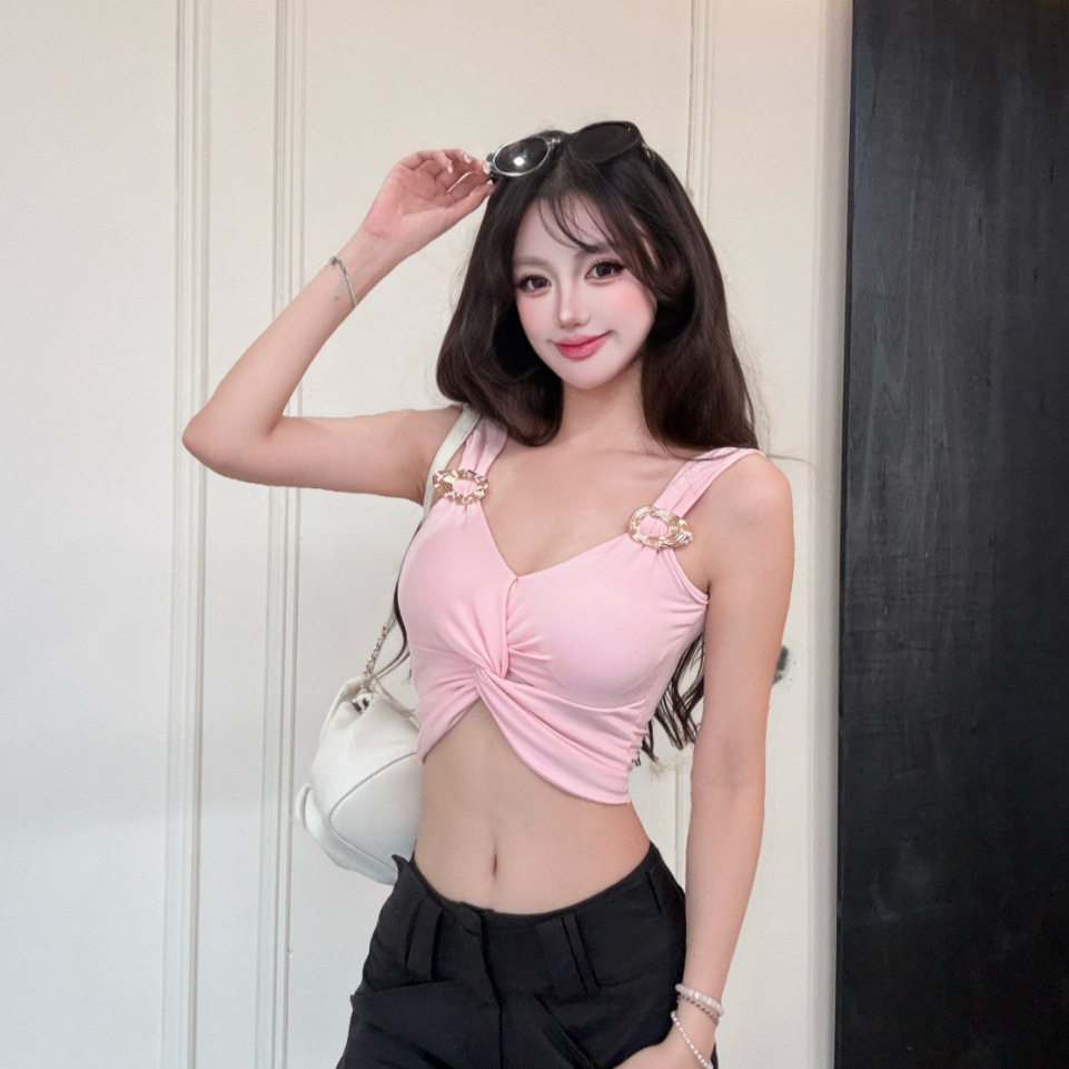 3103#夏季新款辣妹风交叉金属装饰拼接背心女修身固定带胸垫上衣
