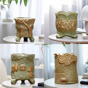 老庄高盆缺口悬崖花盆组合窑变法师绿植专用盆阳台造景直筒异形盆