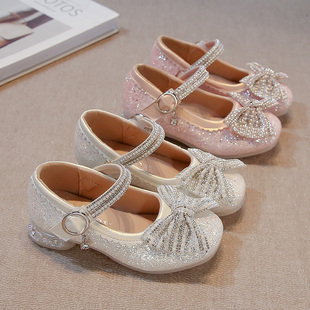 银色时尚高跟女童公主鞋2025新款儿童鞋闪亮亮水晶鞋爱莎鞋小皮鞋