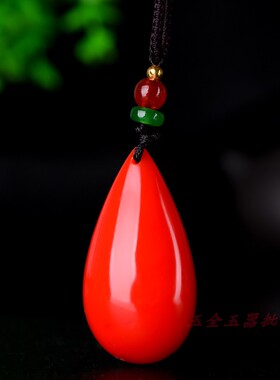 新疆鸡血石原石吊坠红色水滴玉坠项链金丝玉女款玉吊坠毛衣链