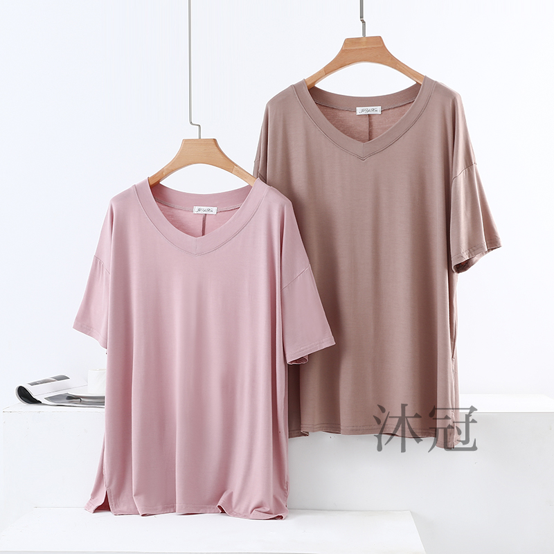 莫代尔V领短袖上衣女夏季