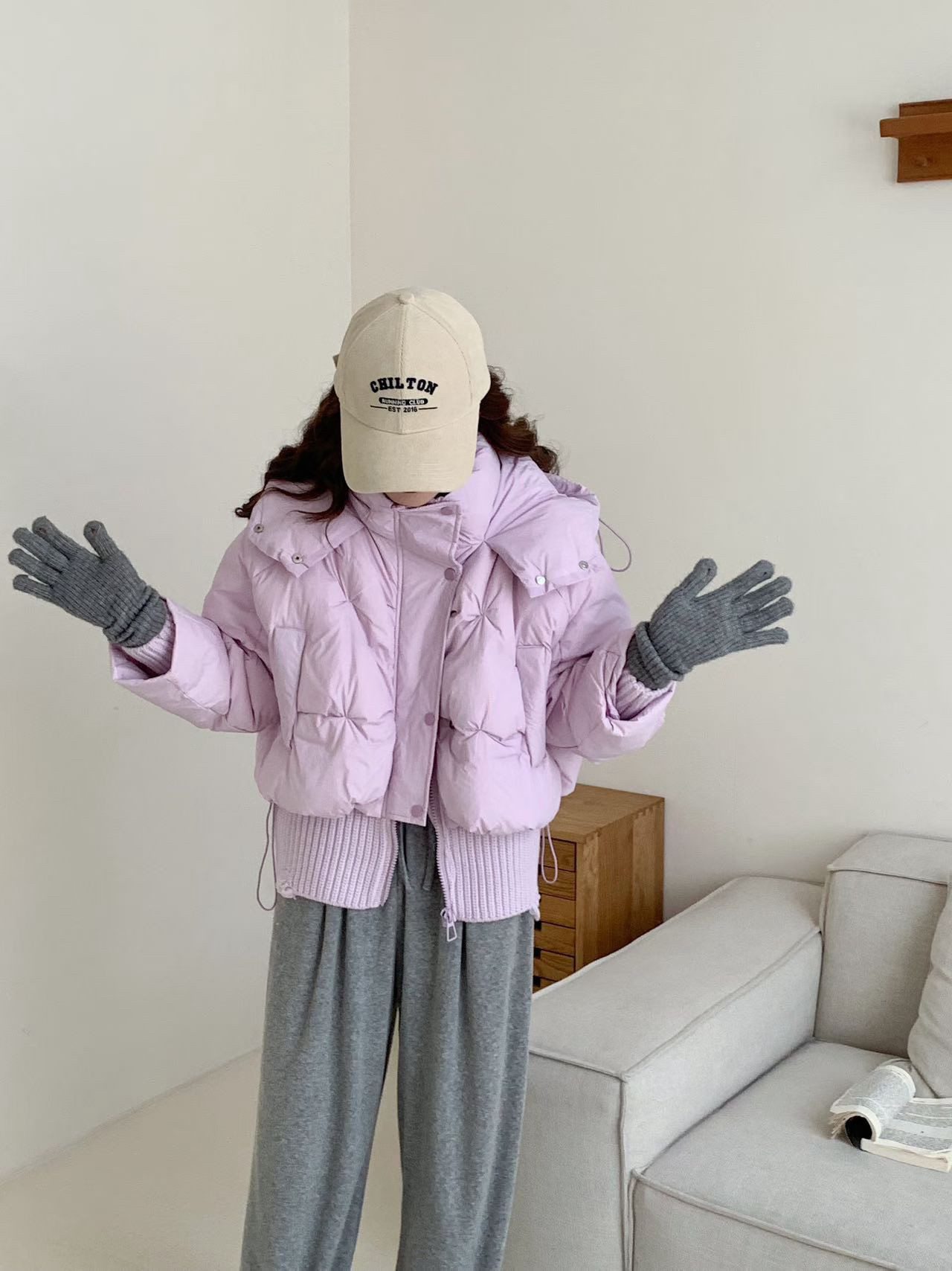 针织拼接羽绒服女2025冬季新款连帽立领小个子短款泡芙面包服外套
