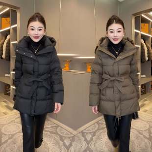 羽绒服90白鸭绒女中长款2025冬季新款收腰小个子显瘦加厚连帽外套