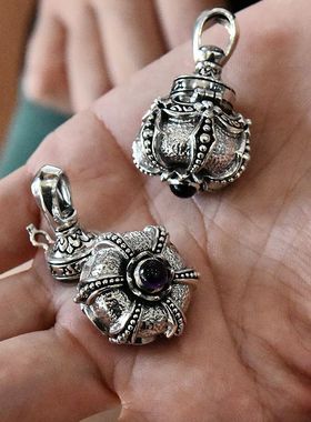 镶钻花纹做旧迷你置物盒纯银吊坠