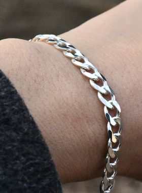 进口男士925纯银抛光古巴链手链