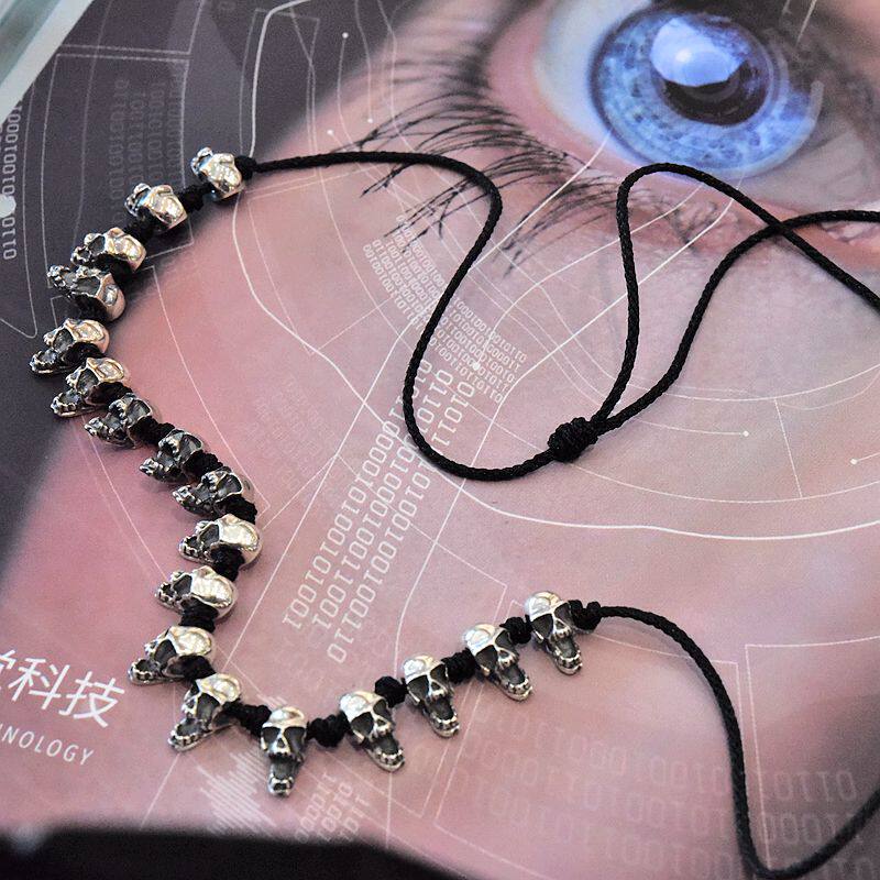 孤品925纯银小骷髅头串男女朋克哥特款黑绳项链活扣调节可做手链
