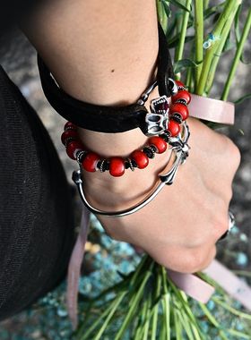 百搭红色非洲手工编织纯银琉璃珠