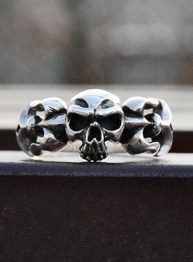 进口男女款925纯银朋克骷髅戒指