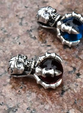 男女朋克哥特款蓝红水晶珠鬼爪骷髅头泰银吊坠925纯银守护者挂件