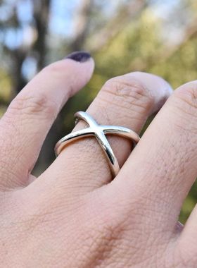 泰国进口男女Ins小众交叉戒925纯银简约相交线X型指环可做丝巾扣