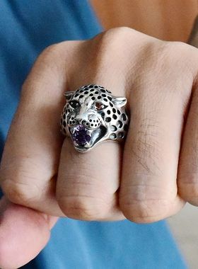 进口男女款925纯银镶钻豹头戒指